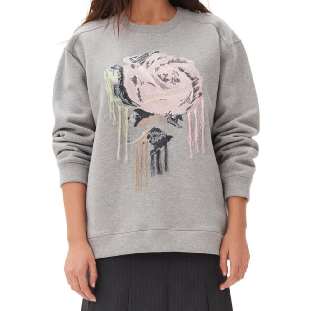 Ganni Gray and Pink Floral Crewneck Sweater